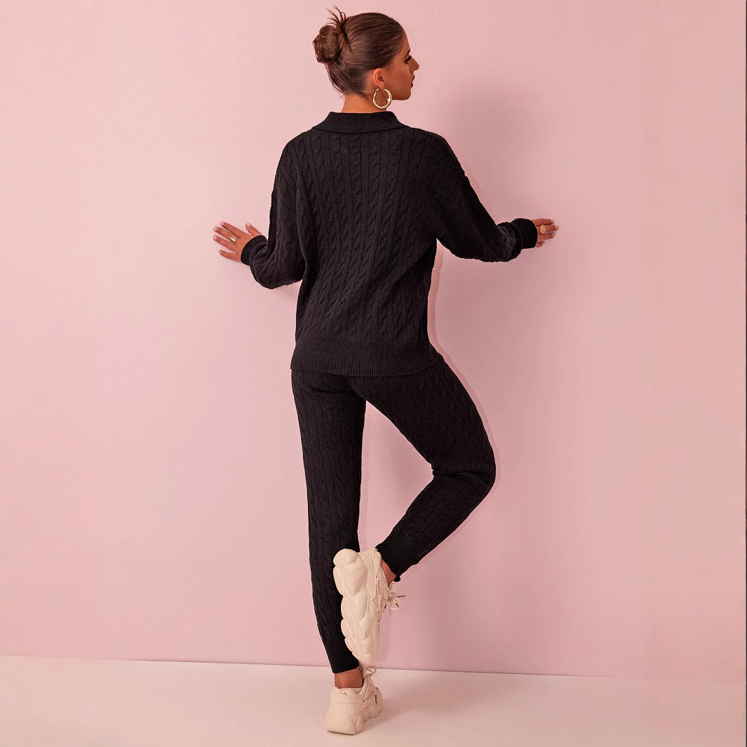 Autumn Winter Solid Color Sweater Trousers Knitted Two Piece Women