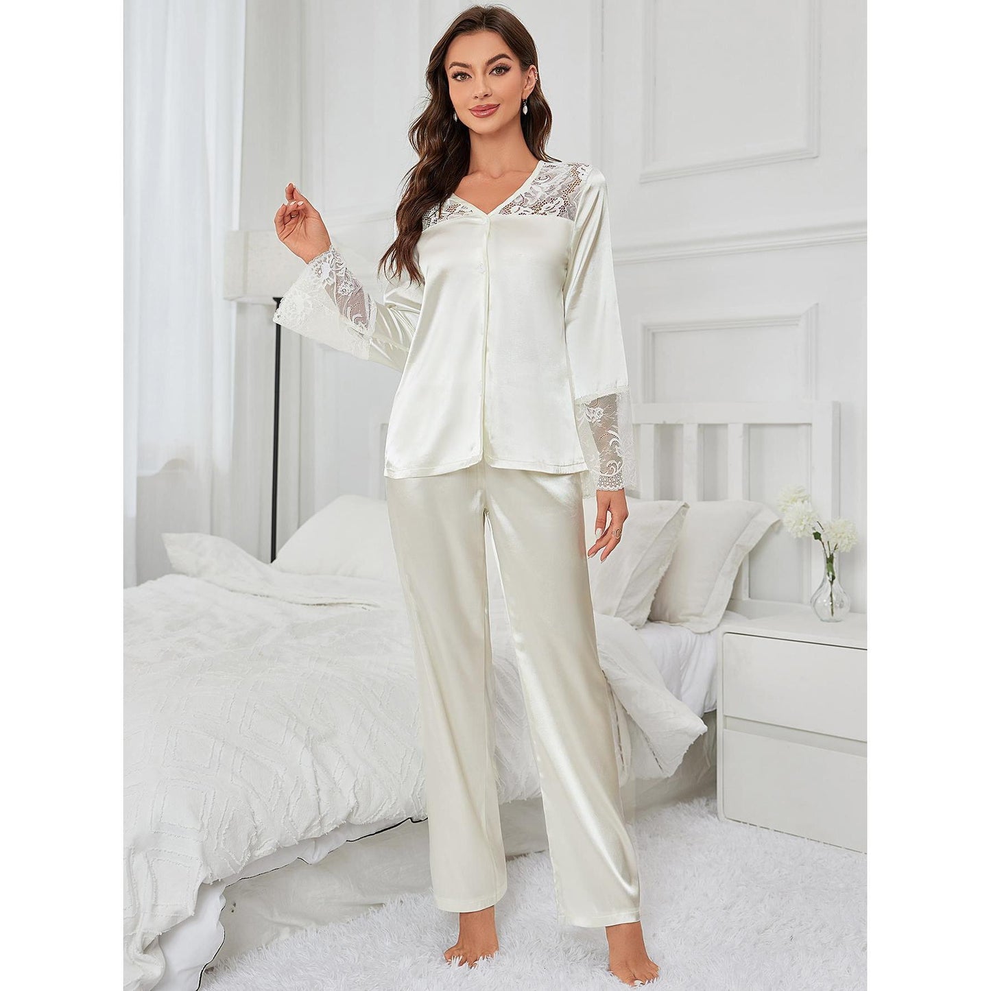 Women Pajamas Autumn Winter Lace Mesh Long Sleeved Trousers Two Piece Silk Home Wear Night