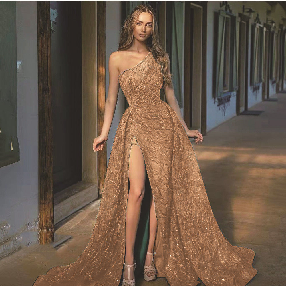 Spring Summer Women Clothing off-Shoulder Split Maxi Dress Toast Dress Sequin Sling Evening Dress Gold