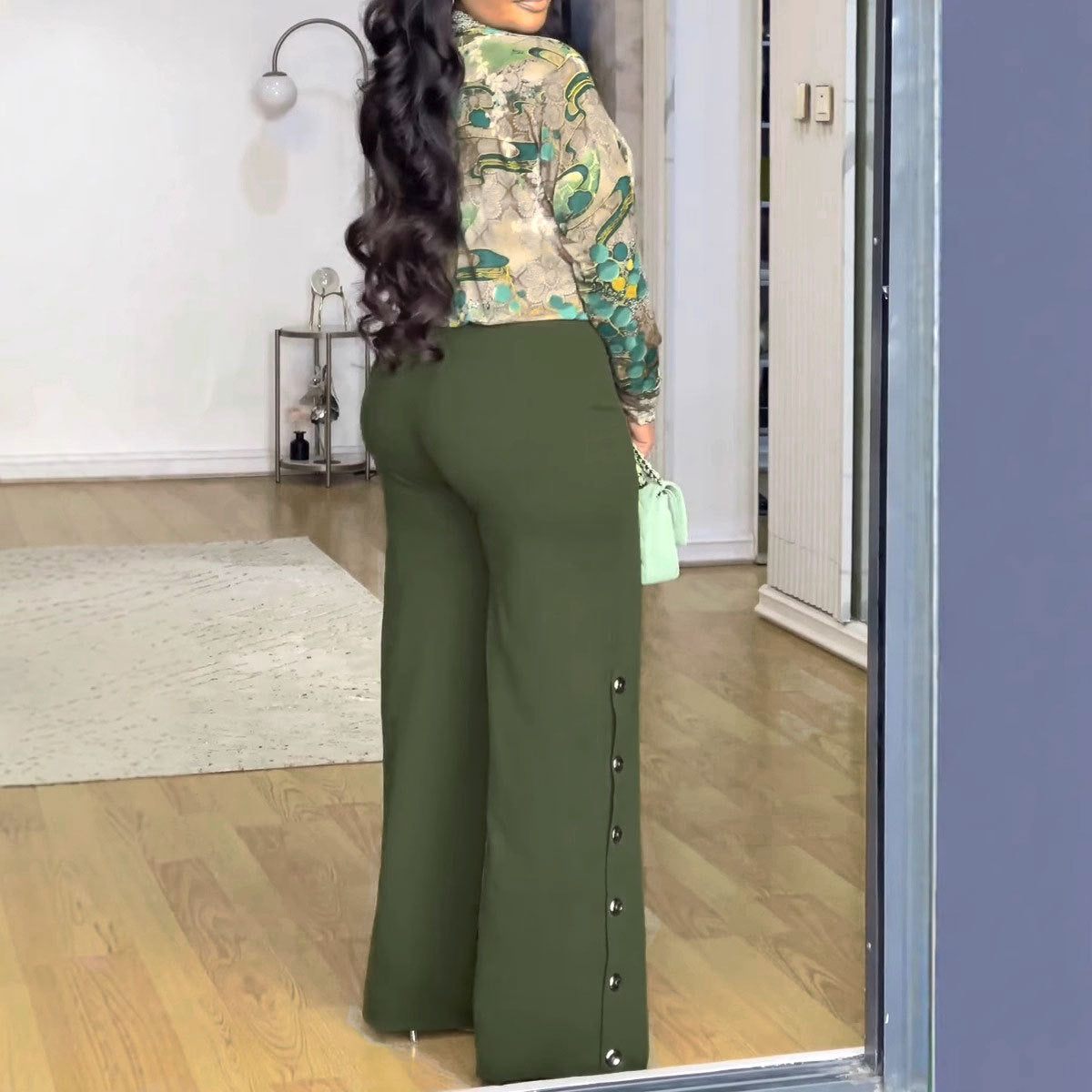 Women Printed V neck Shirt Wide Leg Pants Two Piece Set