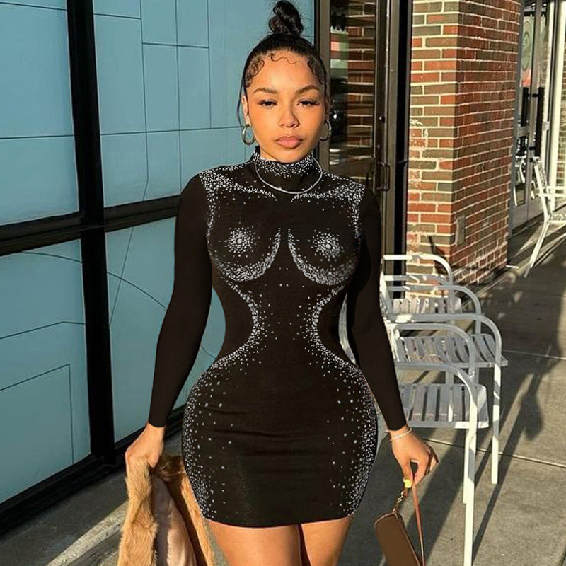 Women Clothing Autumn Sexy Rhinestone Tight Long Sleeve Narrow Dress