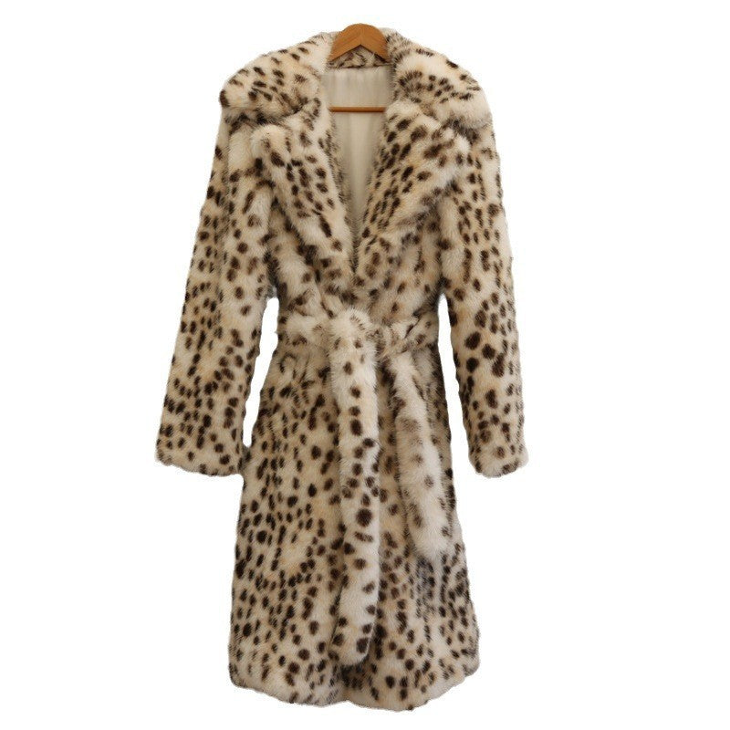 Women Leopard Print Faux Fur Coat Fox Fur Long Cut Coat Toka Wool Collar Belt Mink Velvet Trench Coat Yellow Dot Leopard Cat Color