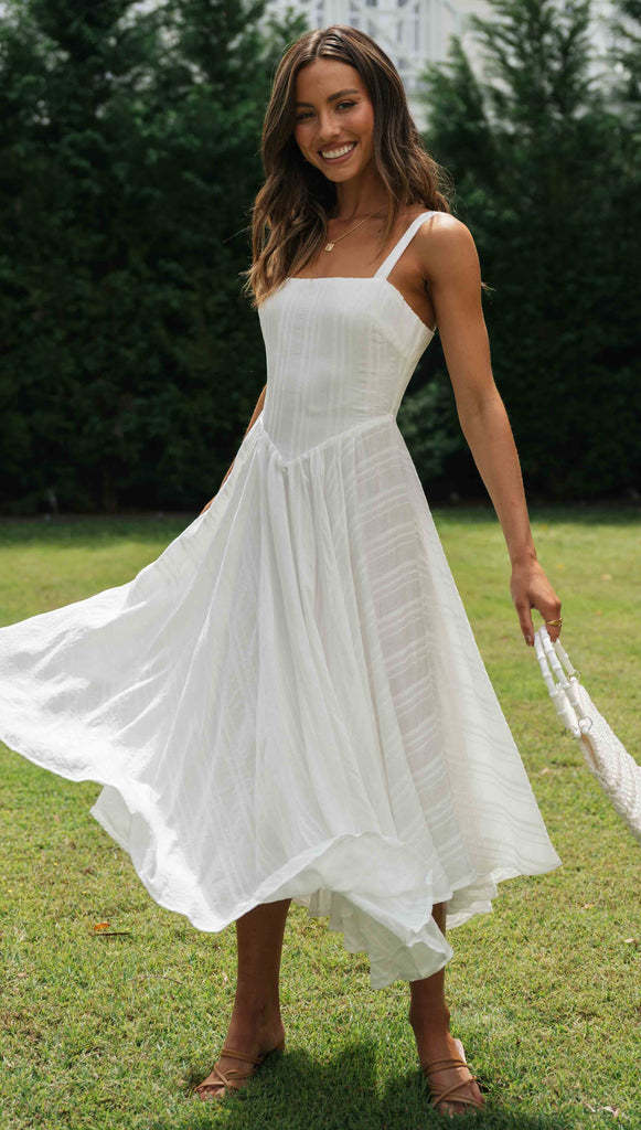 Women Clothing Sleeveless Maxi Dress with Irregular Asymmetric Hem White