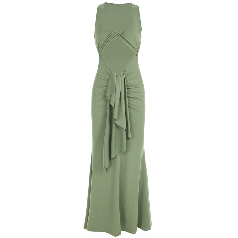 Women Clothing Sexy Twisted Hollow Out Cutout out Dress Pleated Lace up Halter Sleeveless Fishtail Dress Green