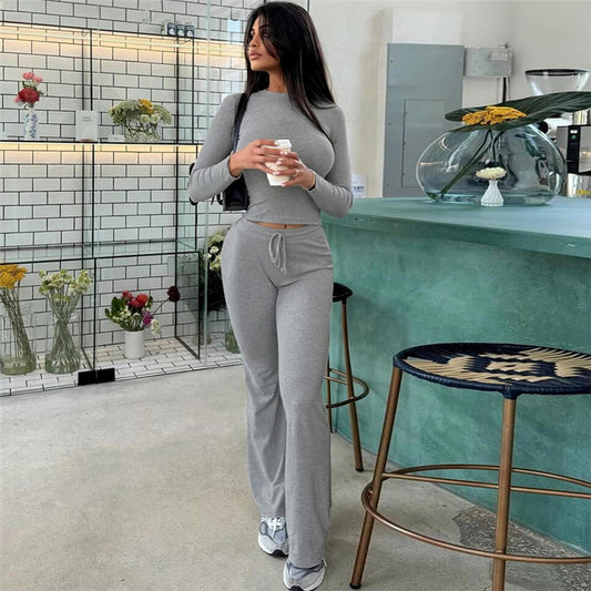 Autumn Winter round Neck Short Long Sleeve Top High Waist Bootcut Pants Casual Two Piece Sets Women