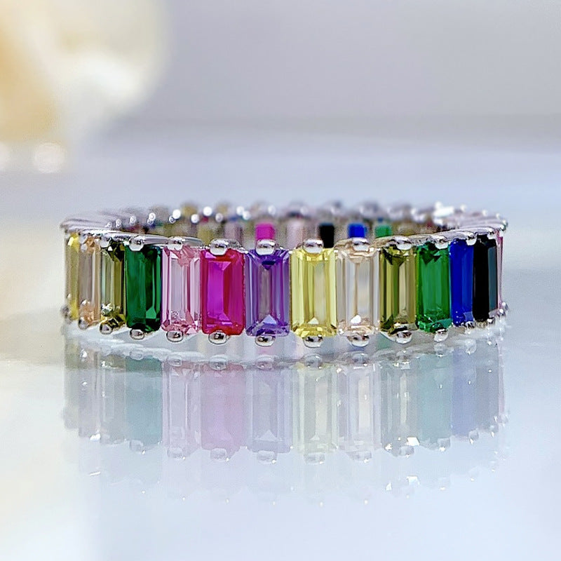 Jewelry Silver Rectangular Colorful Crystals Ring Full Diamond Ring Women Rectangular Colorful Crystals