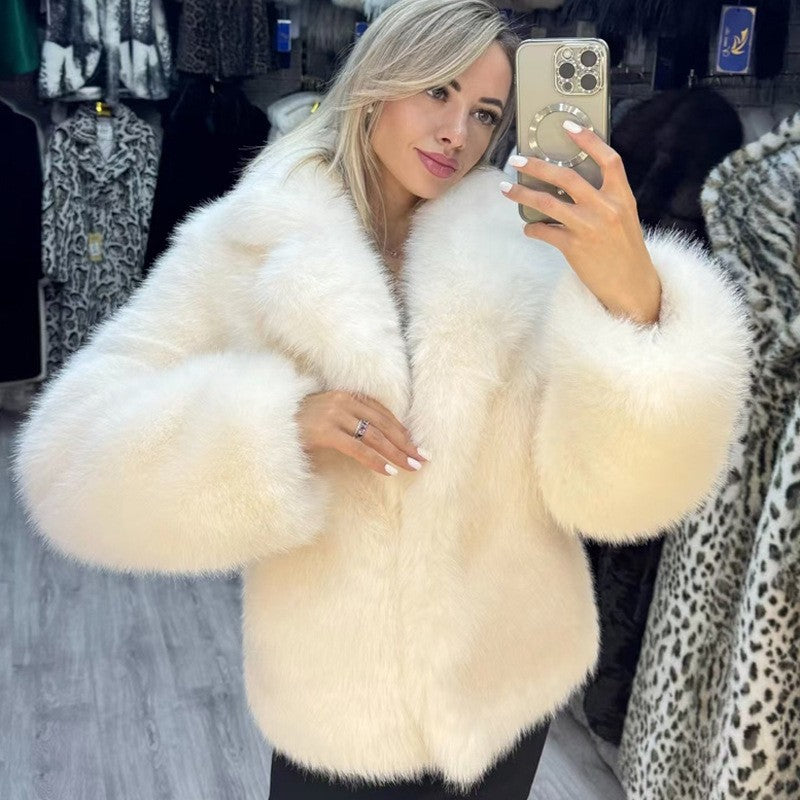 Autumn Winter Faux Fur Coat Women Fluffy Soft Fox Fur Jacket Street Environmentally Friendly Fur Ivory White