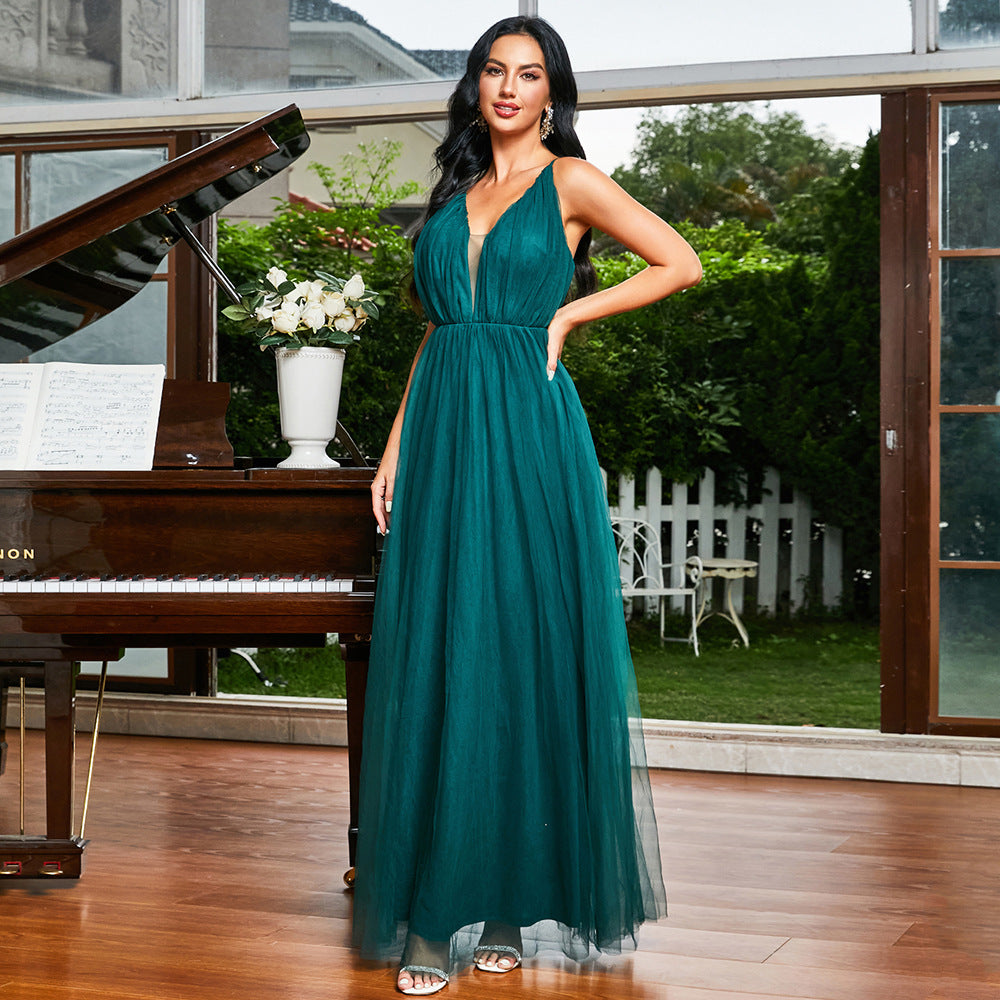 Spaghetti Straps Sleeveless Elegant Slim Fit Long Solid Color Cocktail Bridesmaid Dress Evening Maxi Dress Women Green