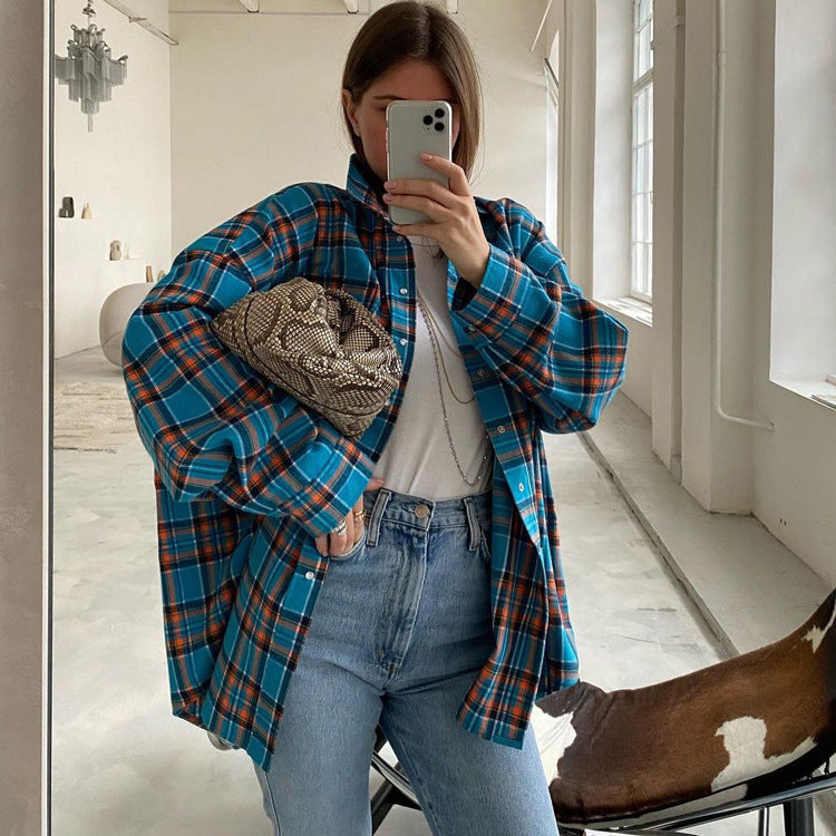 Women Clothing Autumn Winter Retro Loose Plaid Shacket Collared Long Sleeve Shirt