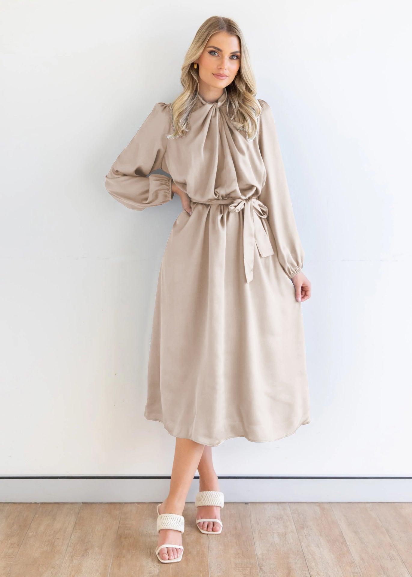 Trend Satin Elegant Elegant High End French Dress Autumn Long Sleeve Party Dress Apricot