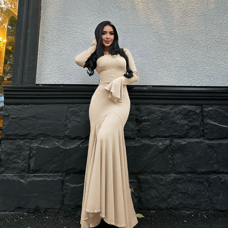 Autumn Winter round Neck Waist Trimming Flared Long Sleeve Dress Elegant Fishtail Solid Color Dress Khaki