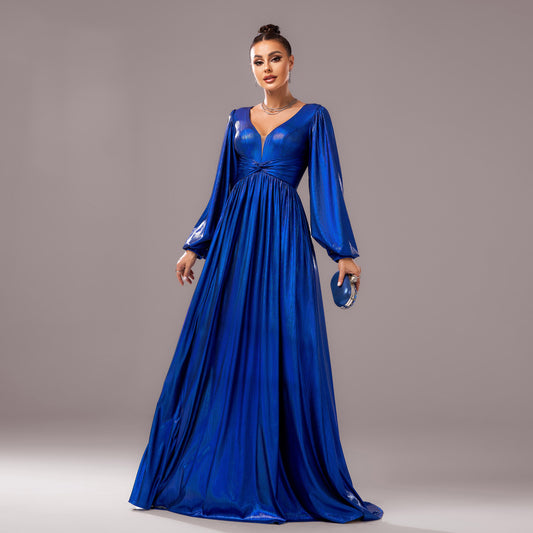 Long Sleeved V neck Cocktail Bronzing Waist Controlled Large Hem Evening Dress Bridesmaid Dress Women