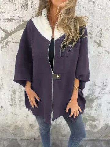 Autumn Winter Casual Loose Zip Stand up Collar Jacket Purple