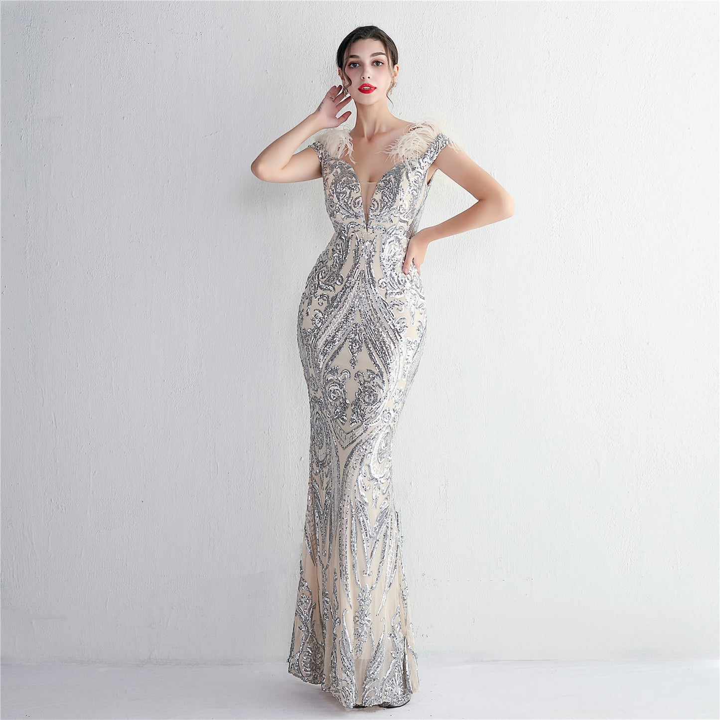 High Density Three Dimensional Strong Sequin Positioning Floral Craft Handmade Wool Cocktail Slim Fit Sexy Evening Dress Apricot silver