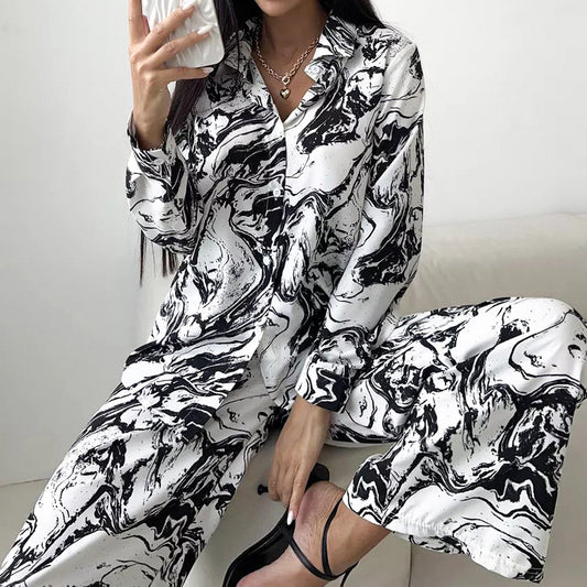 Fall Satin Printed Cardigan Long Sleeve Pants Women Home Wear Loose Soft Comfortable Pajamas Suit