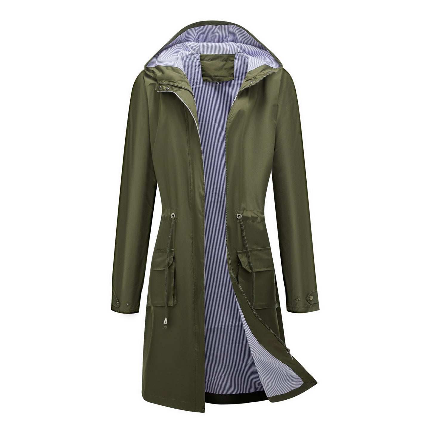 Spring Autumn Long Casual Trench Coat Women Waterproof Hooded Solid Color Top Striped Lining Straight Coat Army Green