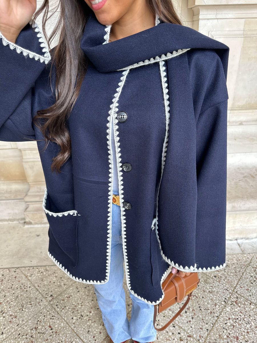 Women Color Contrast Scarf Woolen Coat Autumn Winter Blue