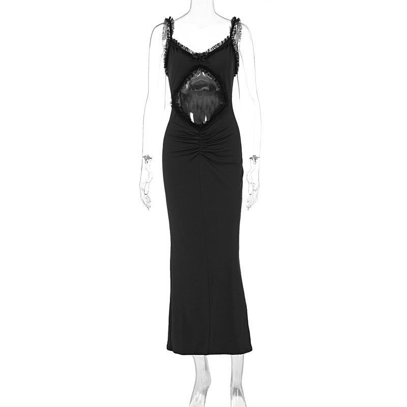 Summer Suspender Wooden Ear Collarless Cropped Sexy Slim Fit Jumpsuit Maxi Dress Women Black