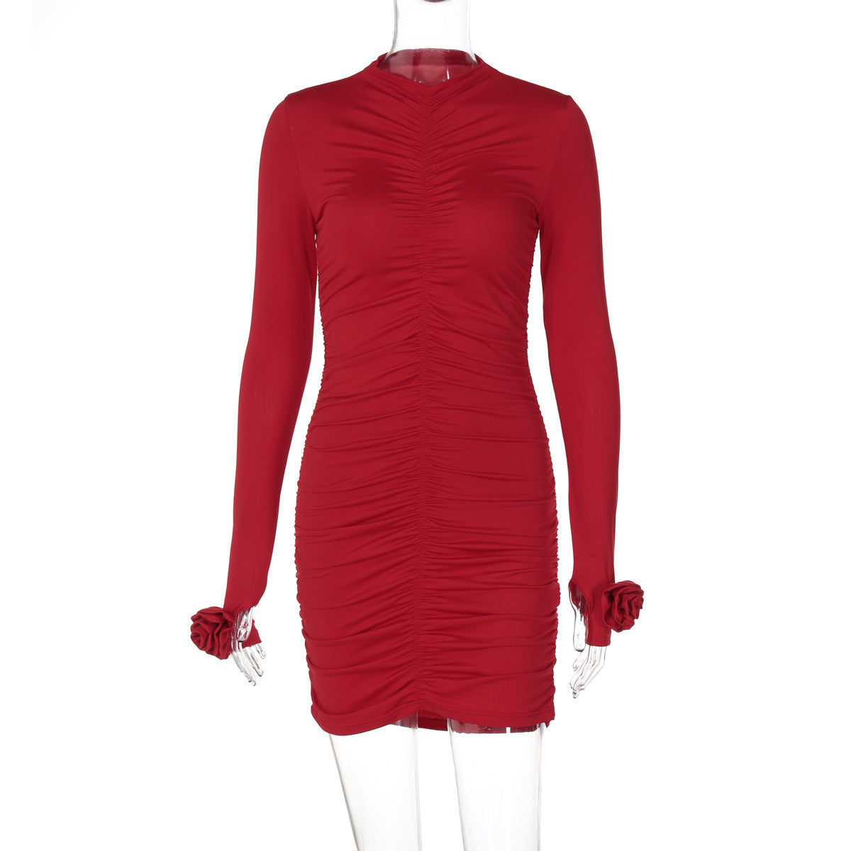 Women Clothing Autumn Floral Decoration Long Sleeve Pleated Slim Sheath Dress Women Red