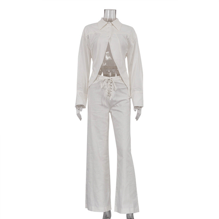 Women Collared Long Sleeves Cropped Design White Shirt Hollow Out Cutout out Tied Wide Leg Pants Two Piece Set White