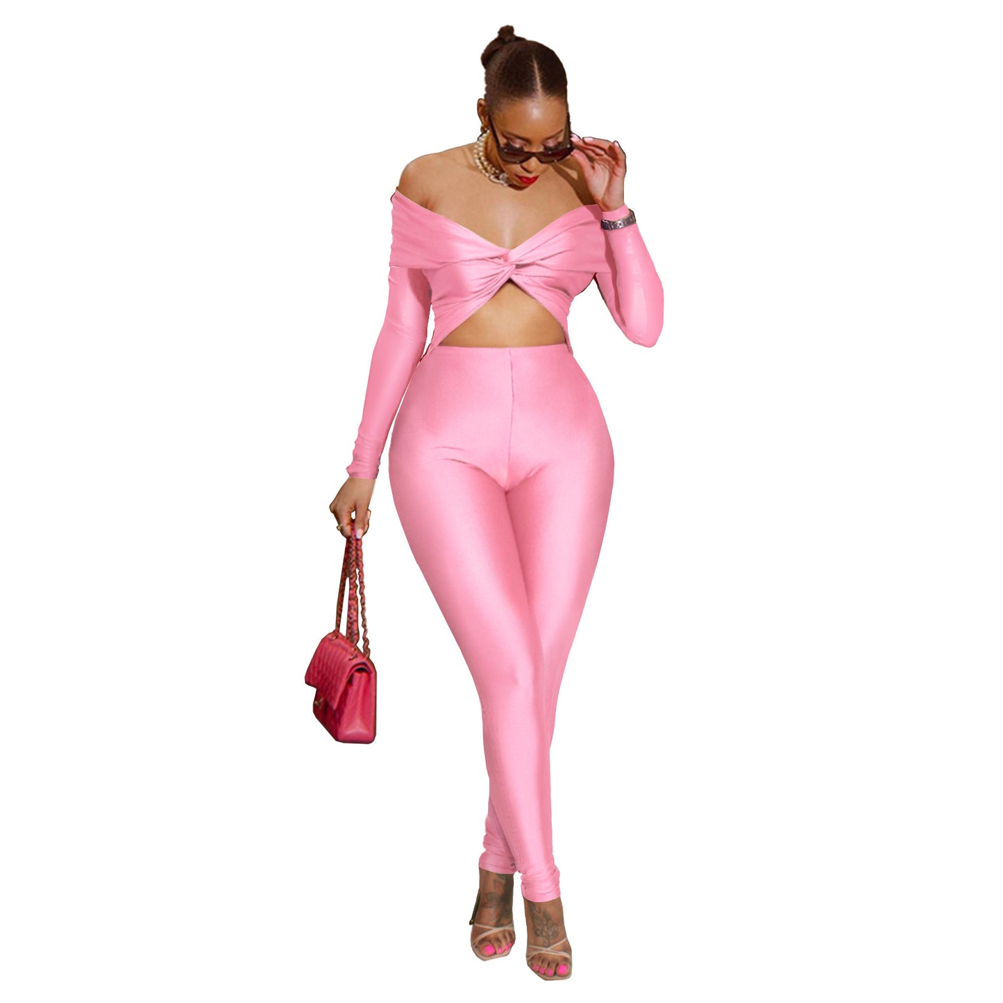 Women Clothing Collared Twist Hollow Out Cutout Cropped Sexy High Waist Long Sleeve Jumpsuit Pink