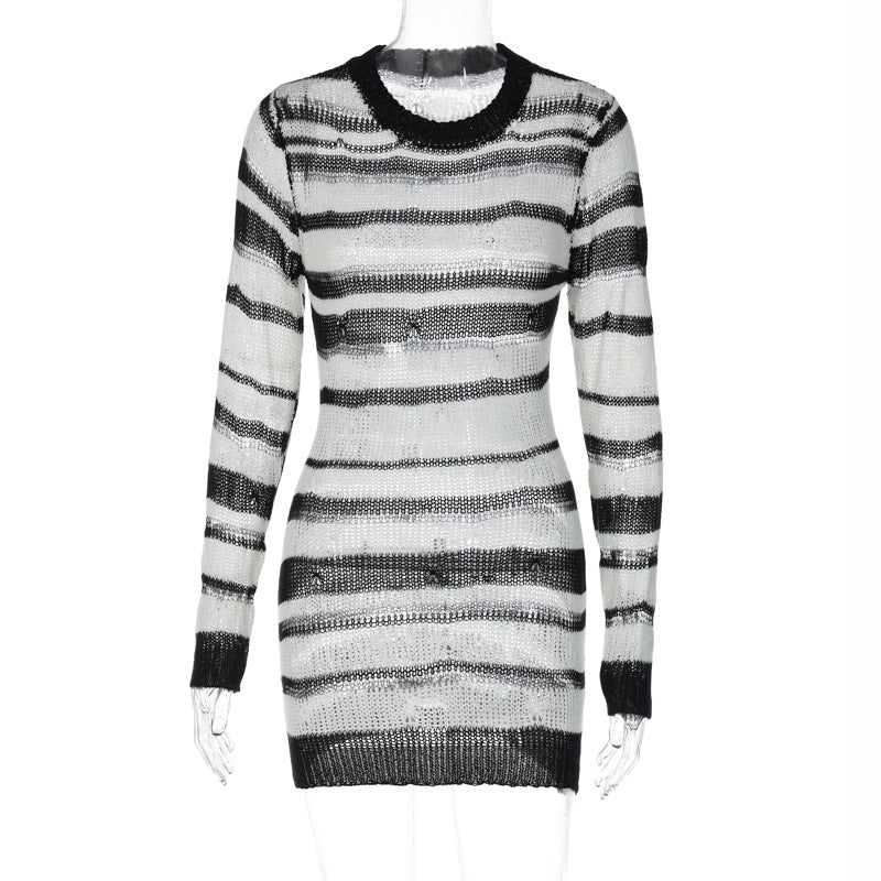 Sexy Knitted Sweater Hip Dress Autumn Women Long Sleeve Striped Dress Black