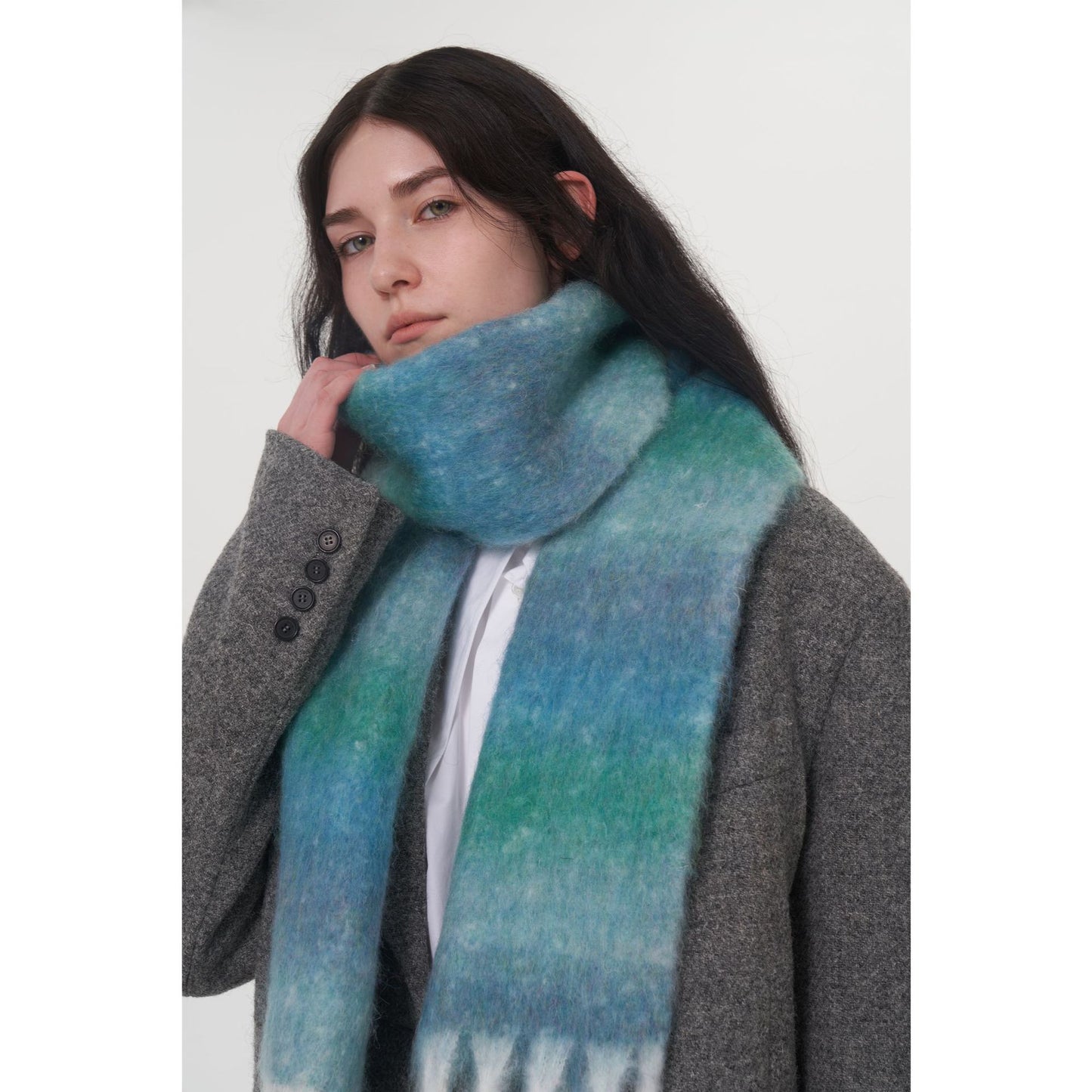 Autumn Winter Thick Warm Retro Gradient Wool Blended Textile Scarf Women One Size Blue