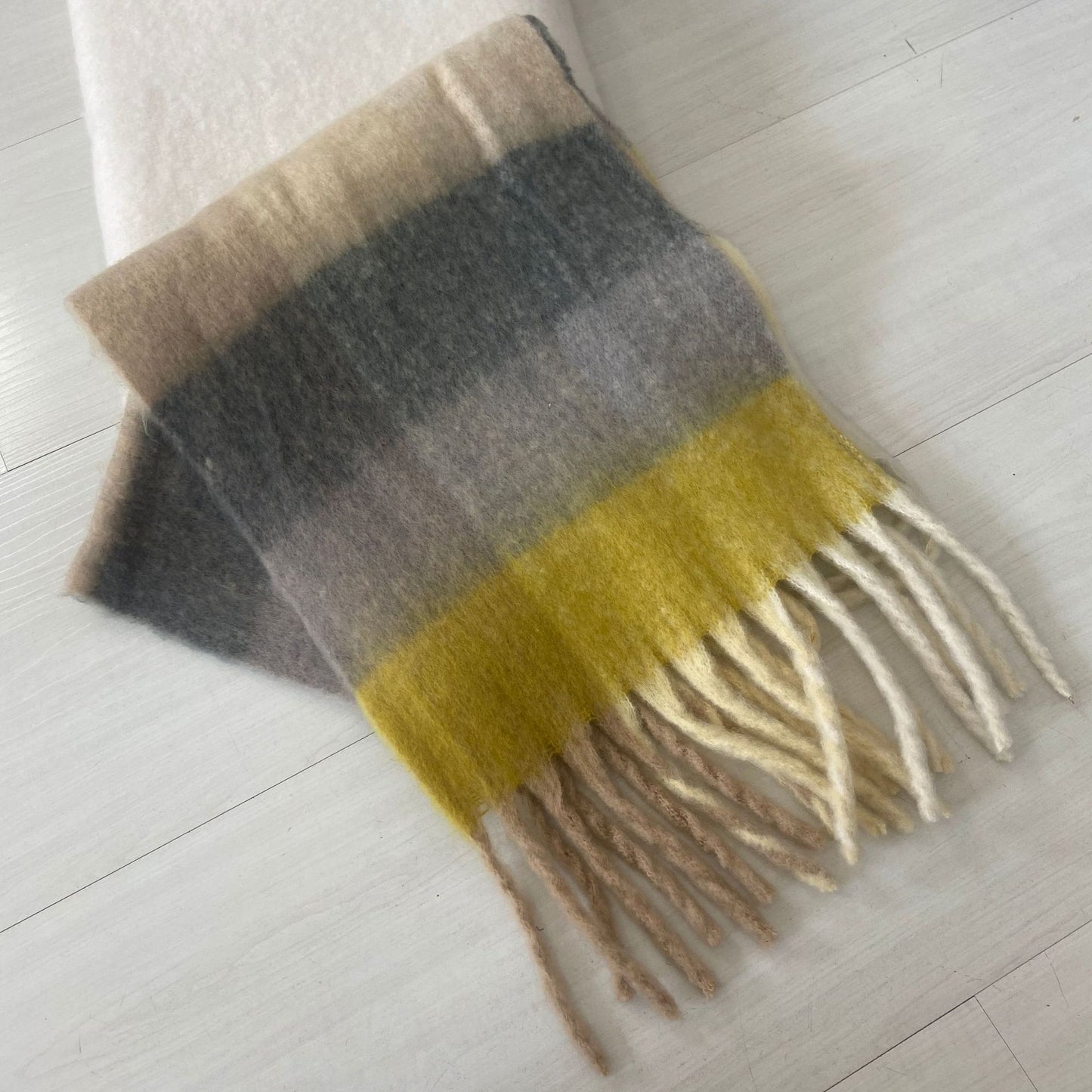 Autumn Winter Mohair Scarf Women Warm Scarf Thickened Cashmere Plaid Scarf One Size Yellow gray plaid