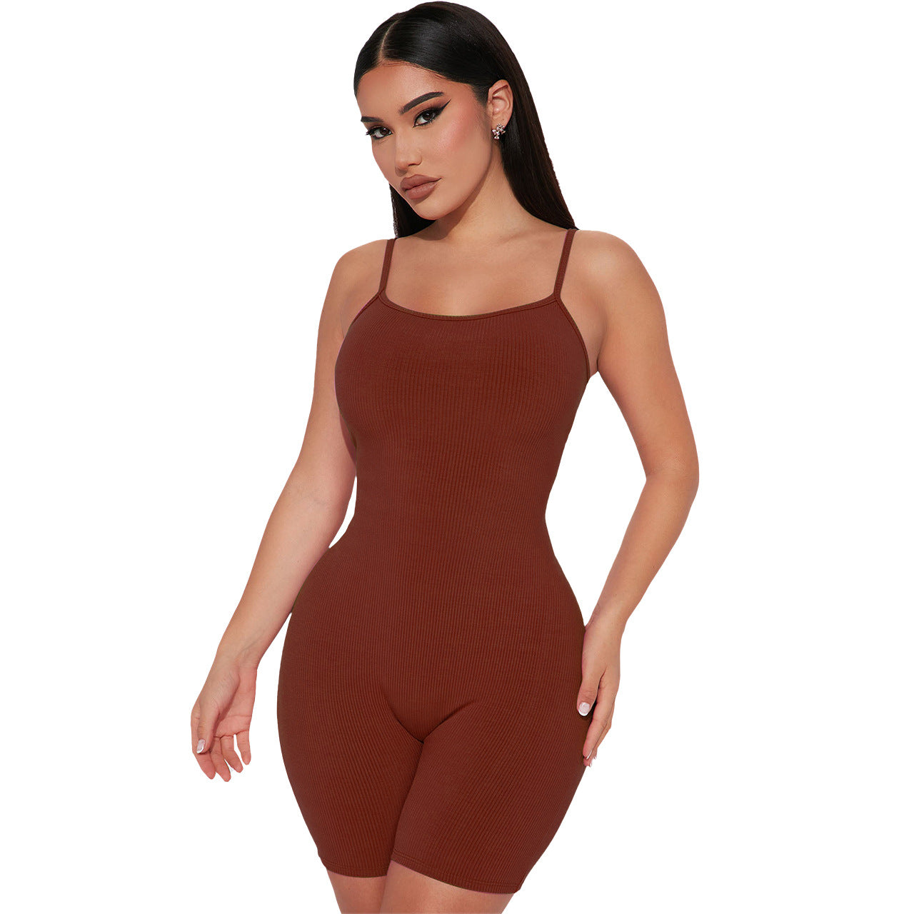 Women Clothing Summer Thread Sling Hip Lifting Beauty Back Casual Jumpsuit Brown