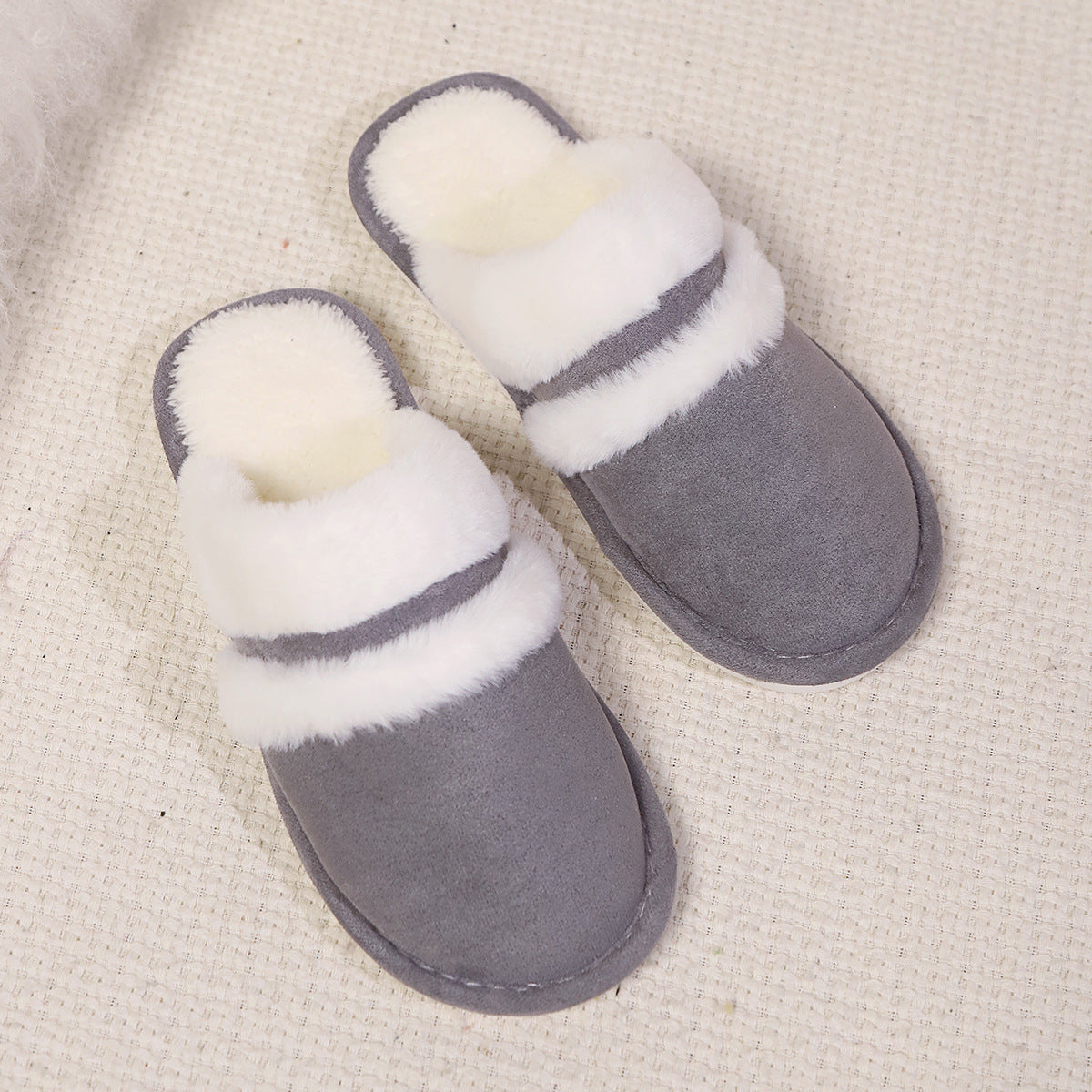 Fluffy Slippers Autumn Winter Warm Slugged Bottom Home Thickened Fleece Slippers Home Indoor Cotton Slippers Rabbit Fur Stitching Gray