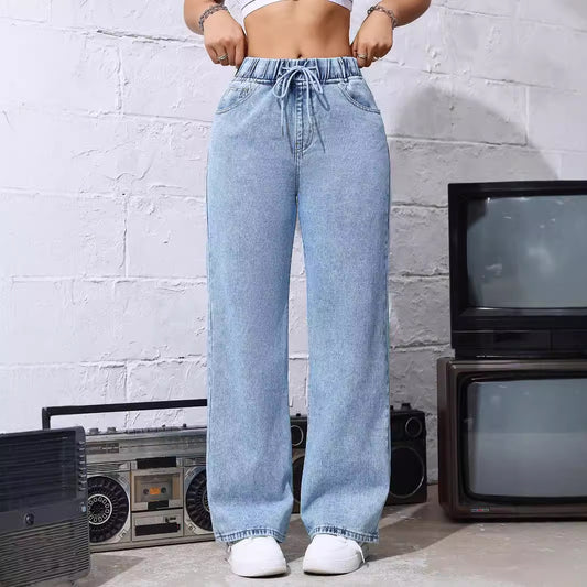 Jeans for Women Summer Elastic High Waist Loose Slimming Straight Leg Pants Women Blue Trousers