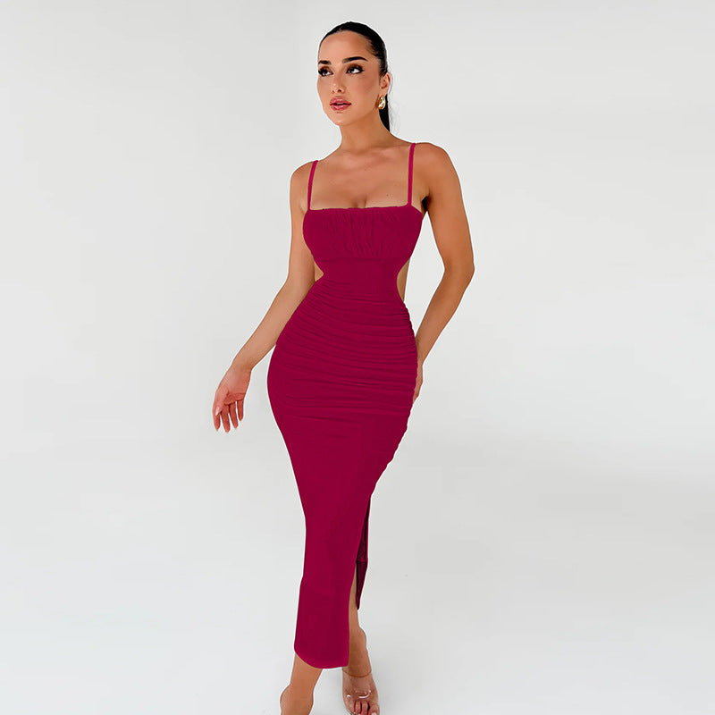 Women Cami Dress Sexy Backless Ruffle Hip Side Slit Maxi Dress Burgundy