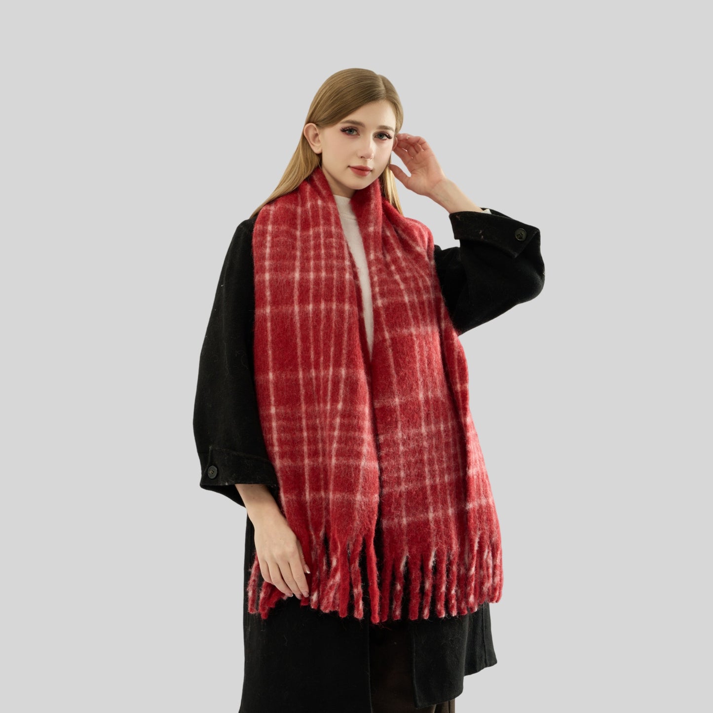 Wool Blended High Grade Scarf Ankela Red Cell Pattern Scarf Women Winter Atmosphere All Matching Scarf