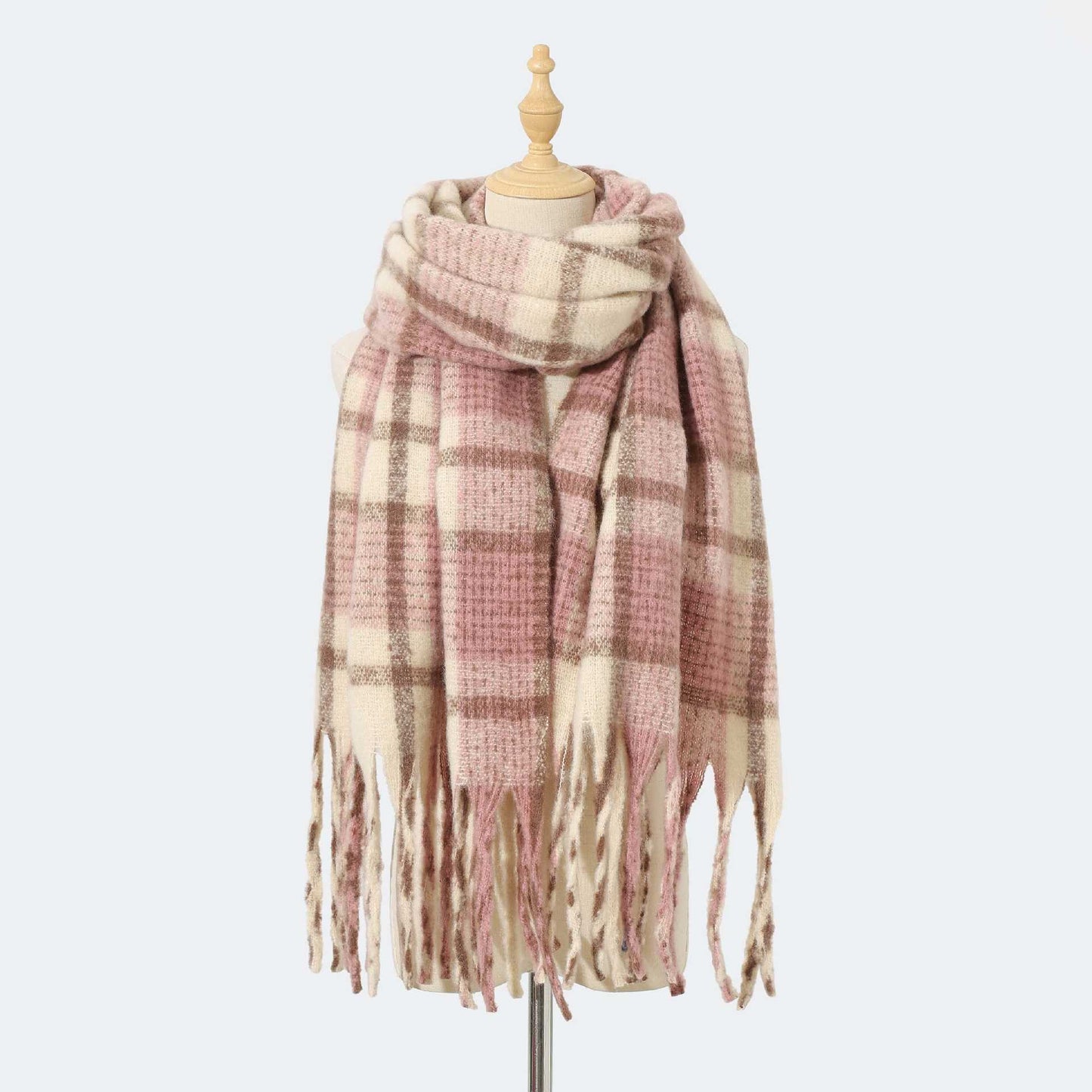 Autumn Winter Mohair Plaid Scarf for Women Thickened High Grade Cashmere like Scarf Warm Scarf One Size Pink