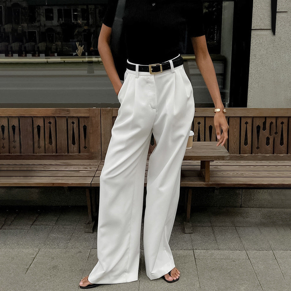 Pure White Trousers for Women Autumn Winter High Waist Wide Leg Pants Office All Matching Casual Trousers