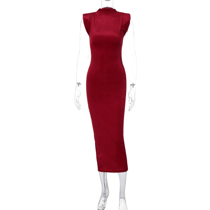 Women Clothing Spring Summer Slim Back Slit Round Neck Sleeveless Dress Red