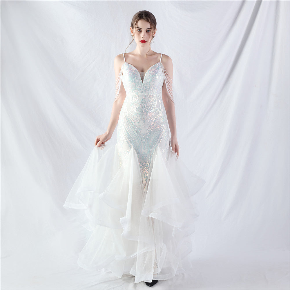 Craft Beads Hard Net Positioning Floral Sequin Stitching Mesh Dance Celebration Performance Dress Dream white