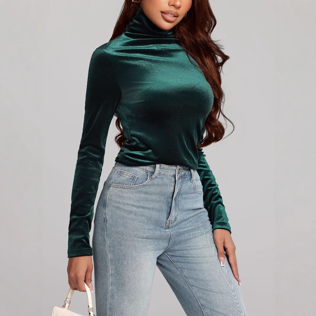 Autumn Gold Velvet Slim Fit Slimming High Collar Bottoming Shirt Women All Matching Outer Wear T shirt