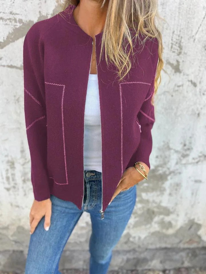 Autumn Winter Casual Zipper Solid Color Jacket Purple