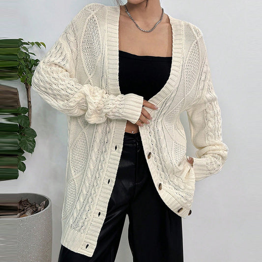 Autumn Winter Sweater Coat Casual Loose Twisted V neck Mid Length Knitted Cardigan