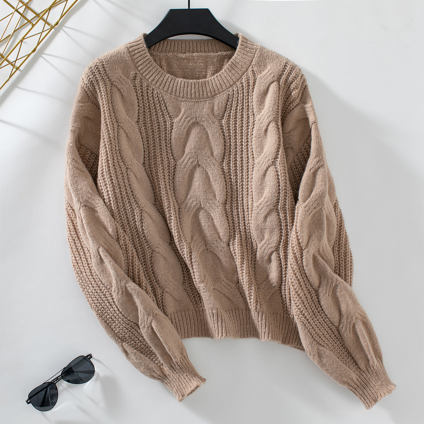 Cable Knit Pullover Women Sweater Autumn Winter Retro Loose Sweater Women Clothing Khaki