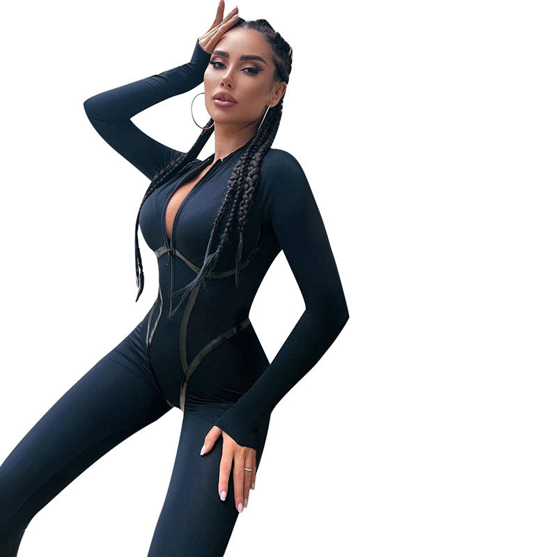 Sexy Sports Leather Ribbon Split Line Long Sleeve Zipper Skinny Hip Raise Jumpsuit Black