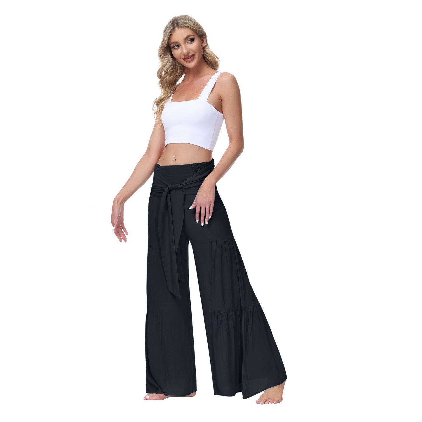 Women Clothing Bandage Elastic Waist Pleated Wide Leg Pants Casual Loose Trousers Dark Blue