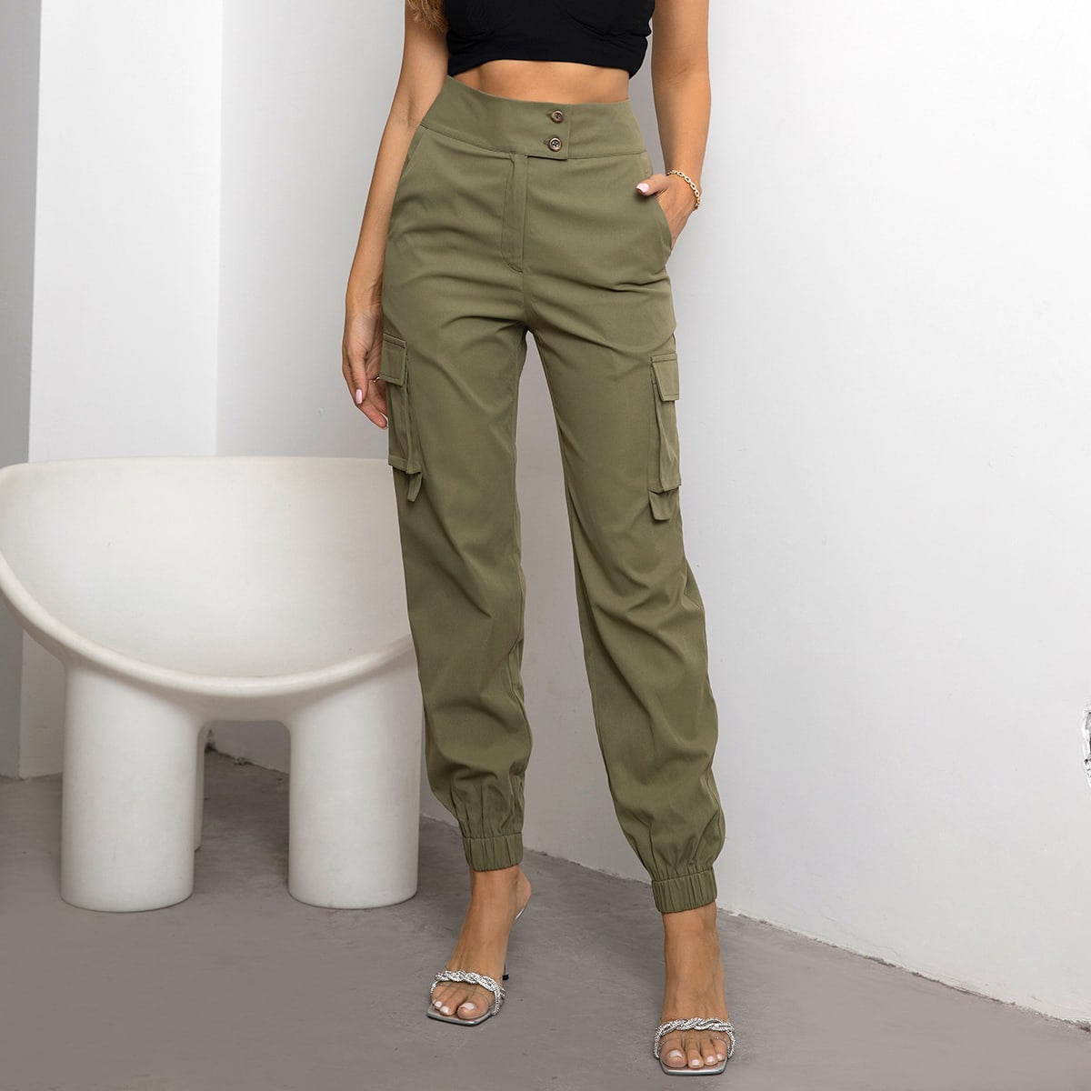 Women Clothing Casual Flip Pocket Side Pants Army Green