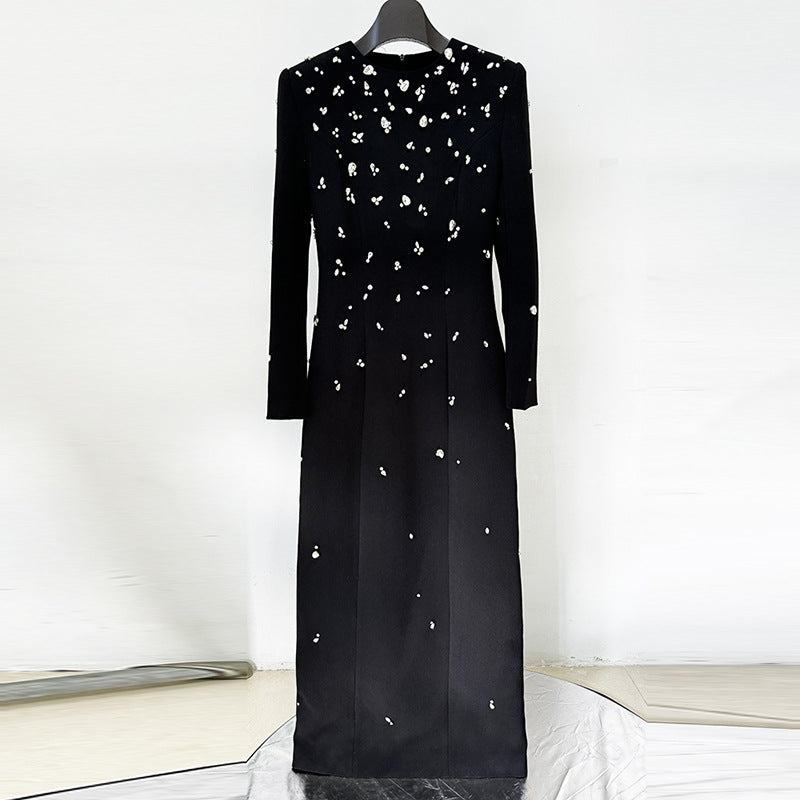 Elegant Heavy Industry Beads Diamond Long Sleeve Dress Formal Dress Black