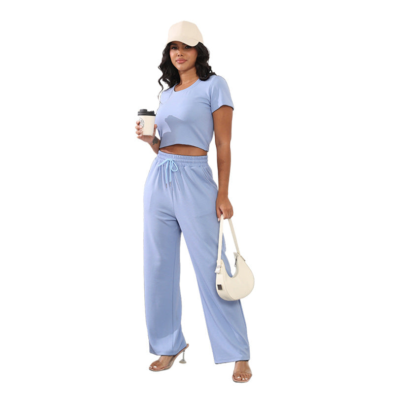 Summer Round Neck Short Sleeved Women Clothing Two Piece Suit Casual Wide Leg Pants Suit Cotton Light Blue