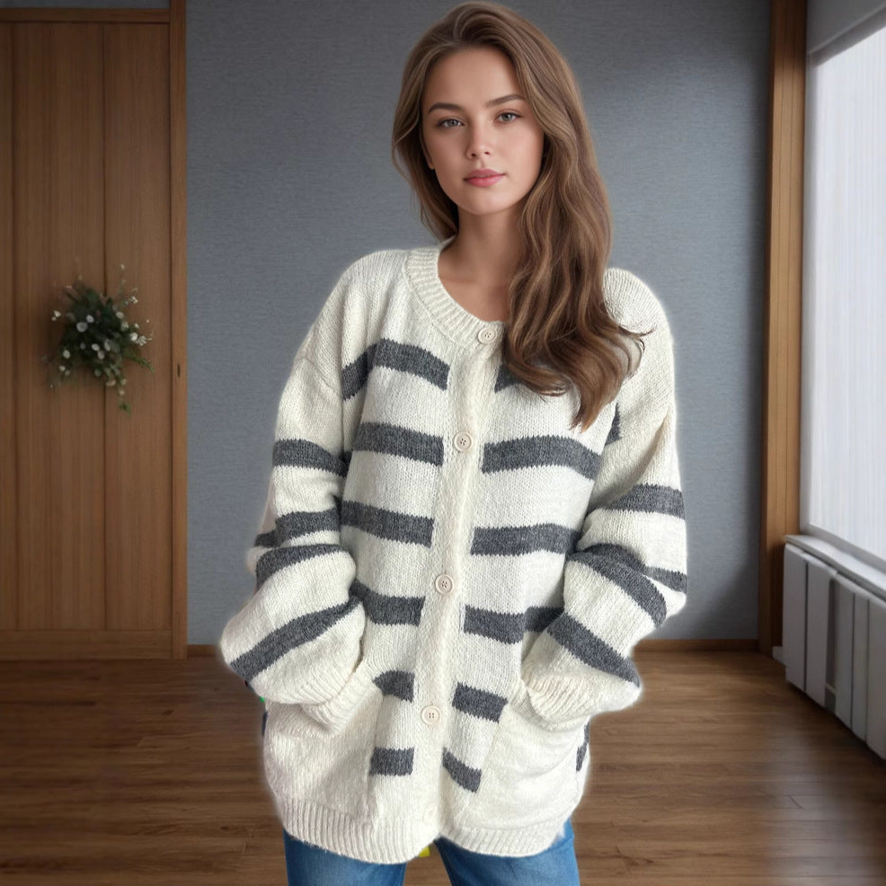 Autumn Winter Loose Women Sweater round Neck Contrast Color Stripe Thickening Thermal Knitting Cardigan Gray striped white