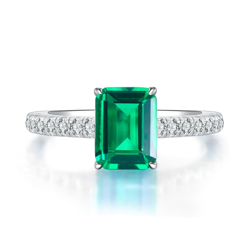 Jewelry Silver Retro Rectangular 6*8 Green Zirconium 1 Karat High Carbon Diamond Women Ring Emerald Ring