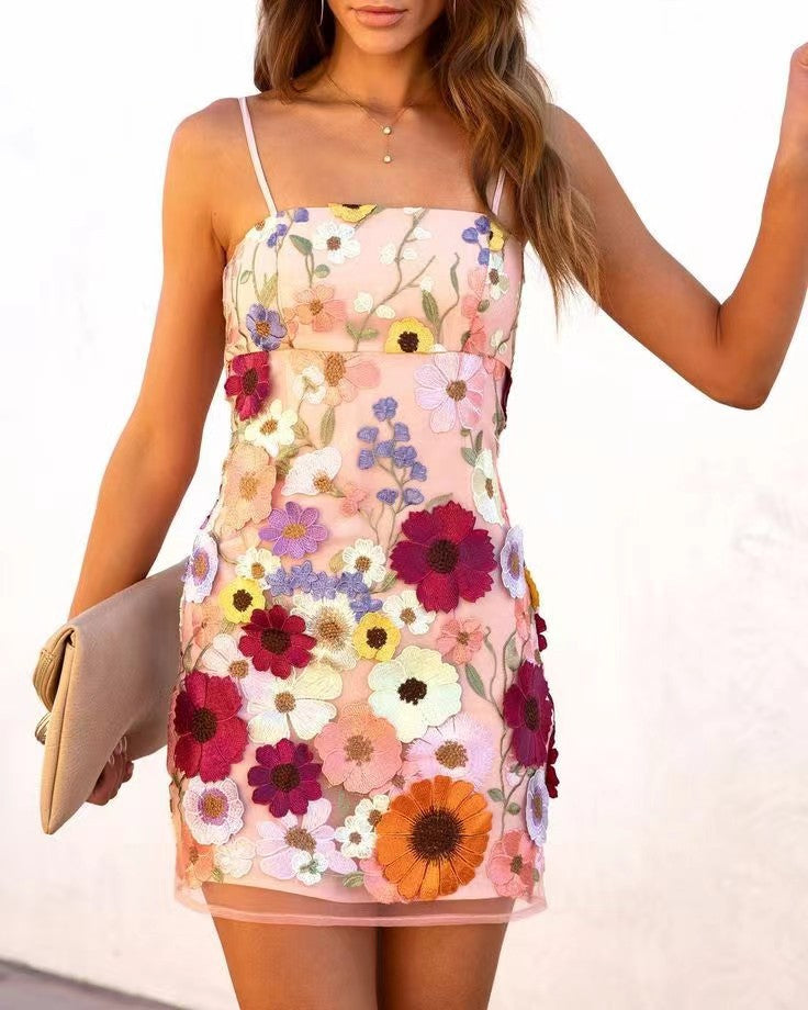 Spring Summer Gorgeous Three Dimensional Floral Embroidered Strap Short Dress Dinner Suit Pink