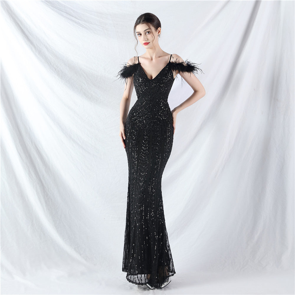 Positioning Floral Sequin Craft Order Ostrich Hair High End Evening Dress Black